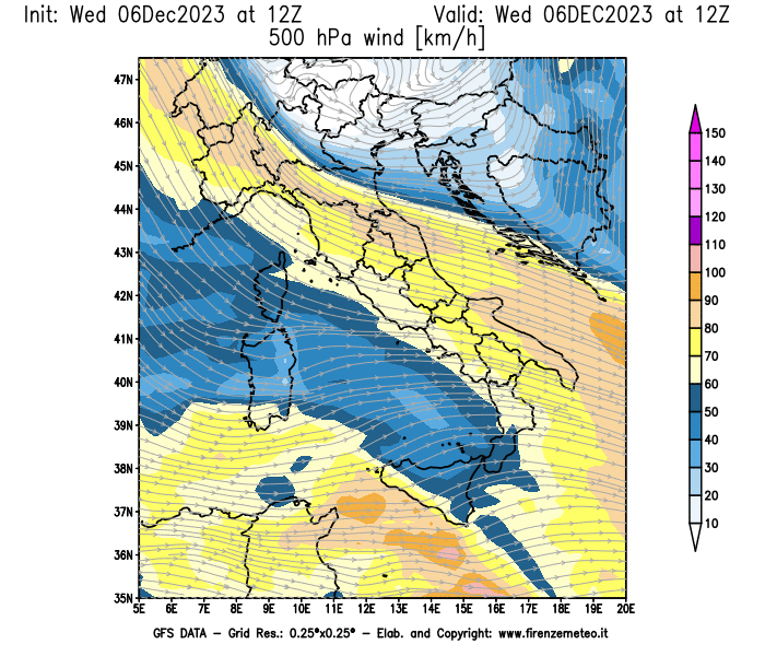 Mappa di analisi GFS - Velocità del vento a 500 hPa in Italia
							del 6 dicembre 2023 z12