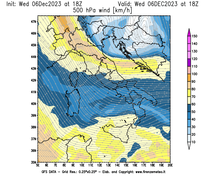 Mappa di analisi GFS - Velocità del vento a 500 hPa in Italia
							del 6 dicembre 2023 z18