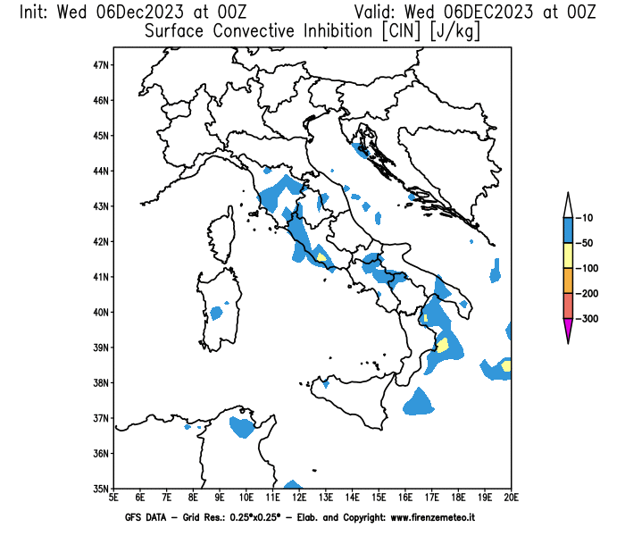Mappa di analisi GFS - CIN in Italia
							del 6 dicembre 2023 z00