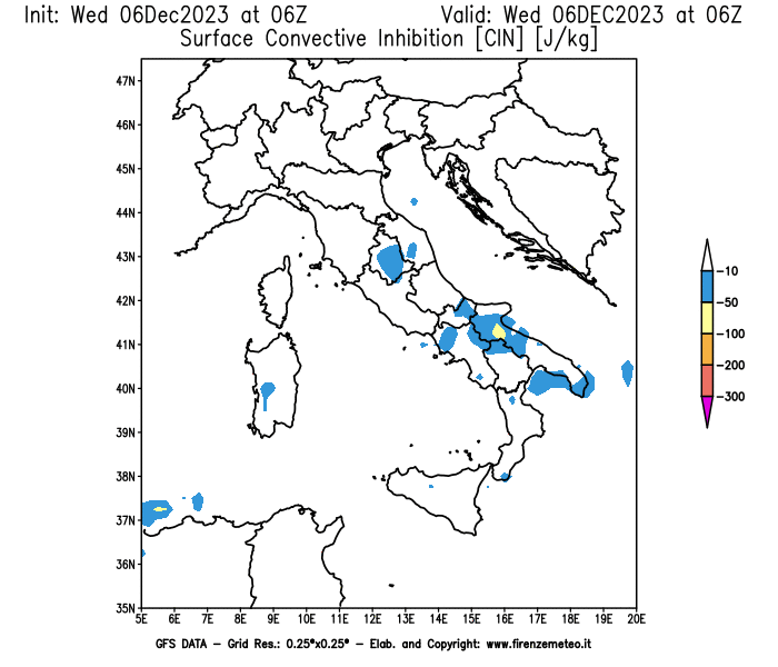 GFS analysi map - CIN in Italy
									on December 6, 2023 H06