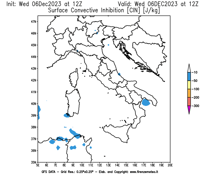 GFS analysi map - CIN in Italy
									on December 6, 2023 H12