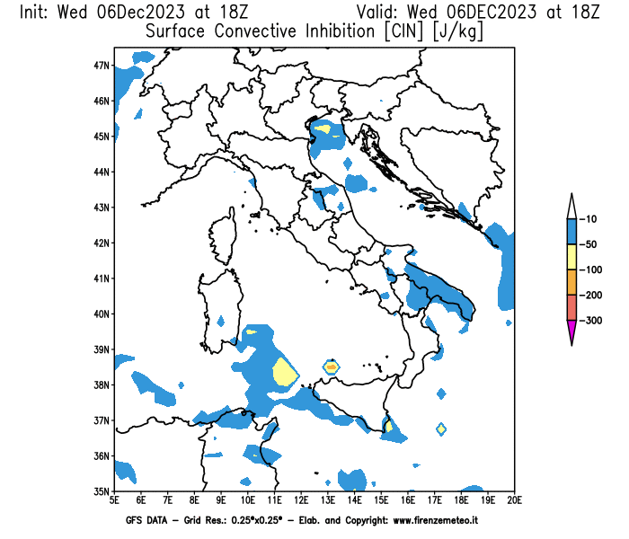 GFS analysi map - CIN in Italy
									on December 6, 2023 H18