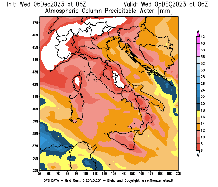 Mappa di analisi GFS - Precipitable Water in Italia
							del 6 dicembre 2023 z06