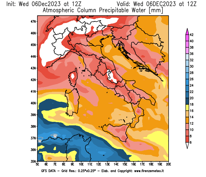 Mappa di analisi GFS - Precipitable Water in Italia
							del 6 dicembre 2023 z12
