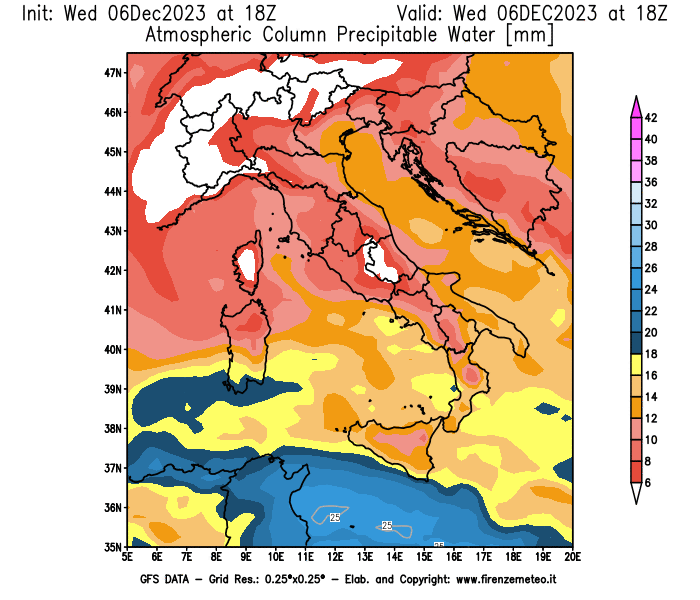 Mappa di analisi GFS - Precipitable Water in Italia
							del 6 dicembre 2023 z18