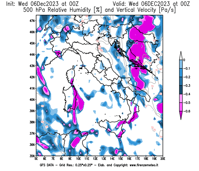GFS analysi map - Relative Umidity and Omega sat 500 hPa in Italy
									on December 6, 2023 H00