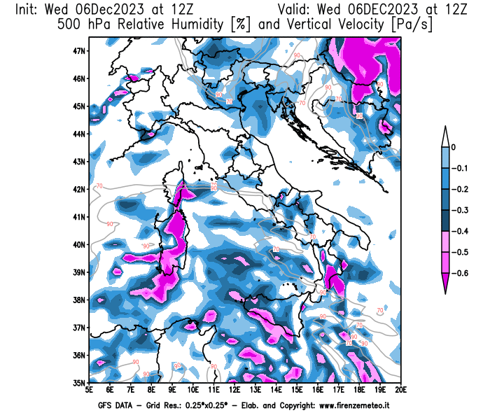Mappa di analisi GFS - Umidità relativa e Omega a 500 hPa in Italia
							del 6 dicembre 2023 z12