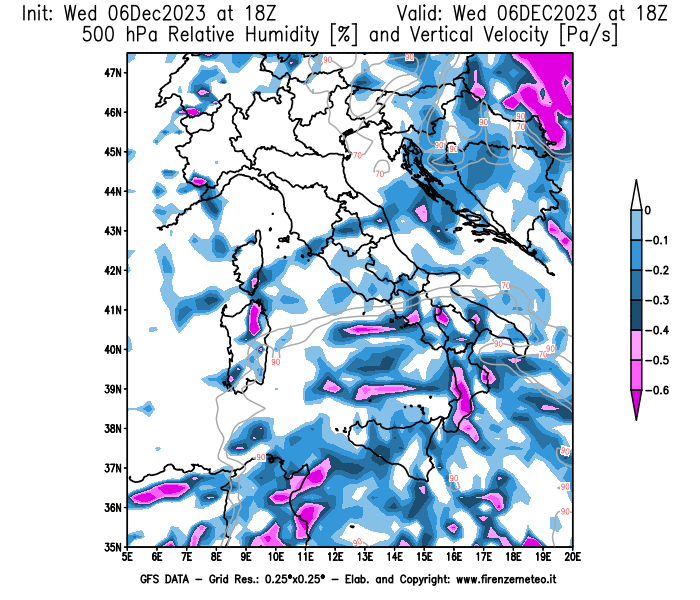 GFS analysi map - Relative Umidity and Omega sat 500 hPa in Italy
									on December 6, 2023 H18