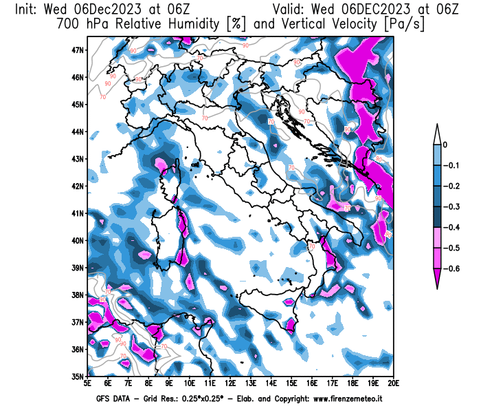 Mappa di analisi GFS - Umidità relativa e Omega a 700 hPa in Italia
							del 6 dicembre 2023 z06