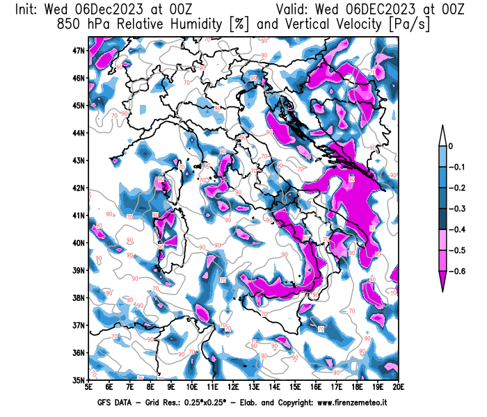 Mappa di analisi GFS - Umidità relativa e Omega a 850 hPa in Italia
							del 6 dicembre 2023 z00