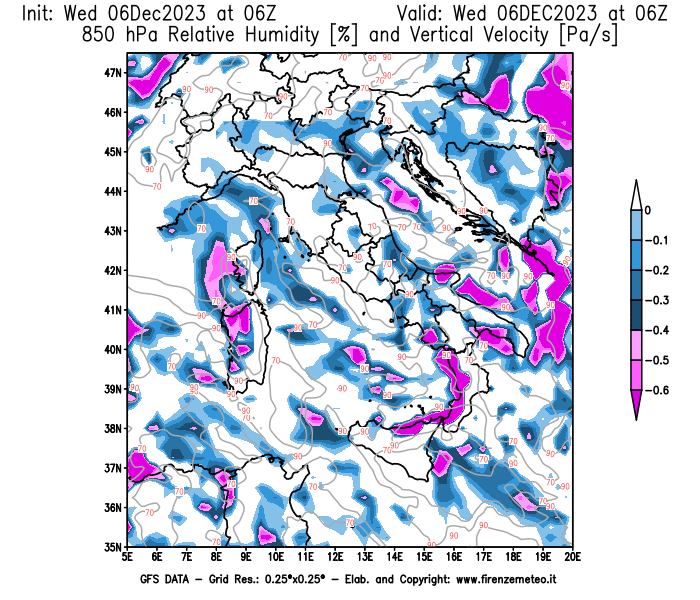 Mappa di analisi GFS - Umidità relativa e Omega a 850 hPa in Italia
							del 6 dicembre 2023 z06