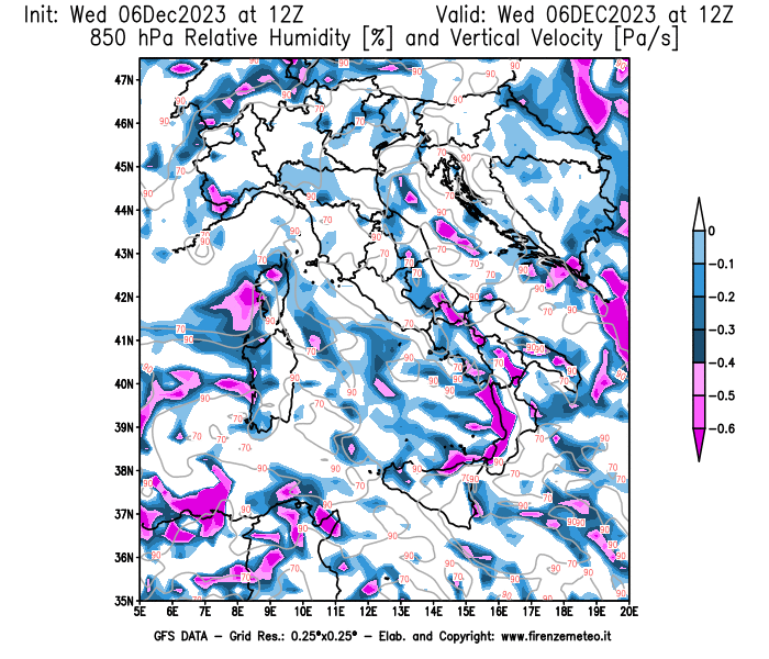 Mappa di analisi GFS - Umidità relativa e Omega a 850 hPa in Italia
							del 6 dicembre 2023 z12