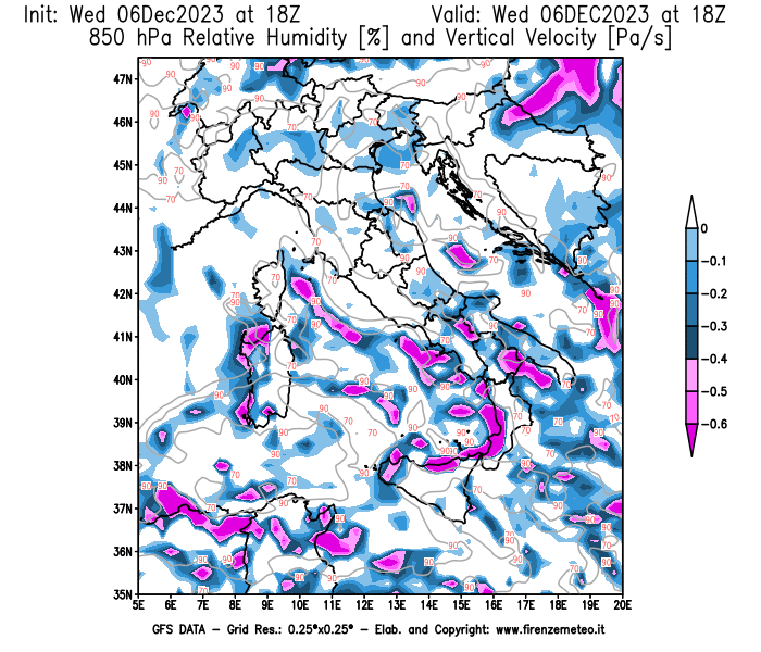 Mappa di analisi GFS - Umidità relativa e Omega a 850 hPa in Italia
							del 6 dicembre 2023 z18