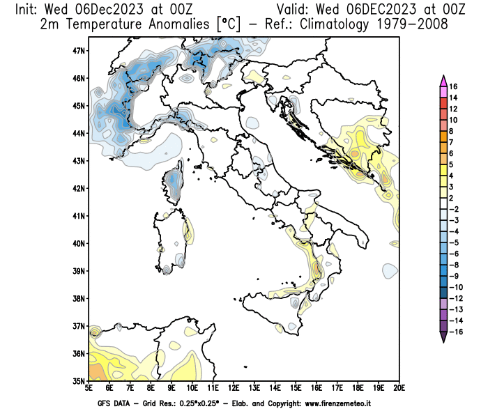 Mappa di analisi GFS - Anomalia Temperatura a 2 m in Italia
							del 6 dicembre 2023 z00