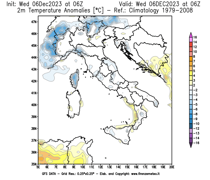 Mappa di analisi GFS - Anomalia Temperatura a 2 m in Italia
							del 6 dicembre 2023 z06