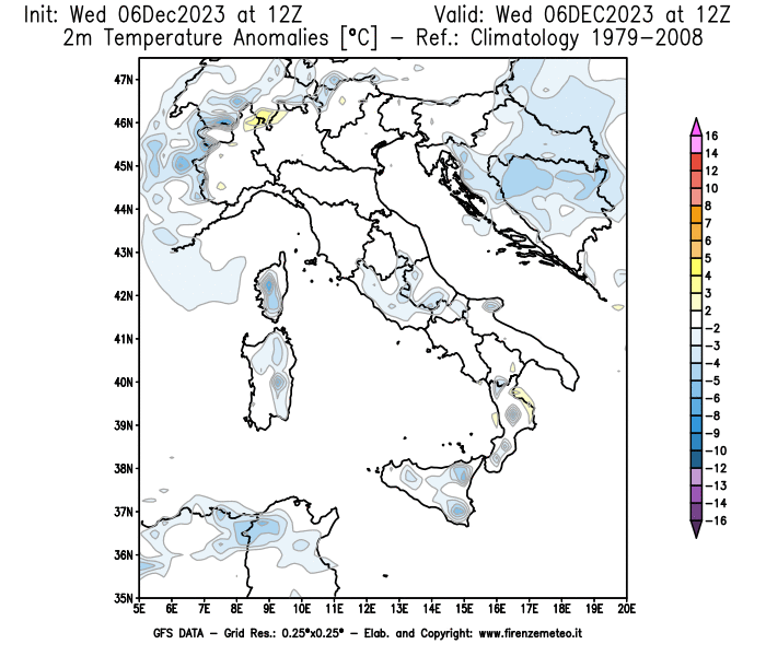 Mappa di analisi GFS - Anomalia Temperatura a 2 m in Italia
							del 6 dicembre 2023 z12