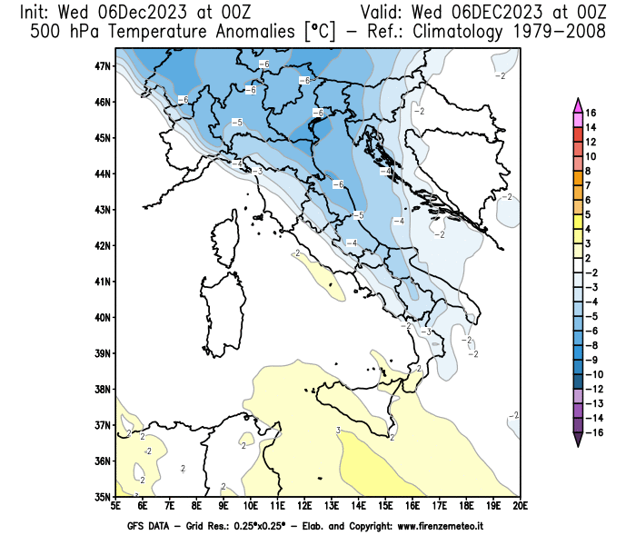 Mappa di analisi GFS - Anomalia Temperatura a 500 hPa in Italia
							del 6 dicembre 2023 z00
