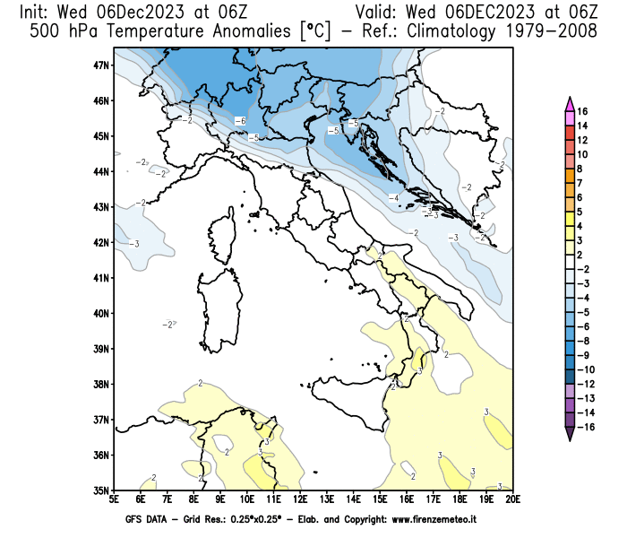 Mappa di analisi GFS - Anomalia Temperatura a 500 hPa in Italia
							del 6 dicembre 2023 z06