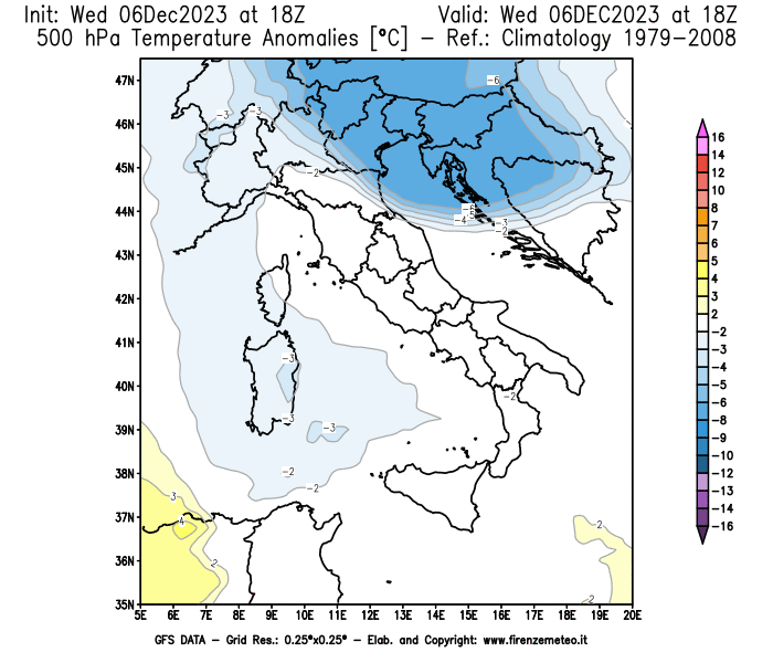 Mappa di analisi GFS - Anomalia Temperatura a 500 hPa in Italia
							del 6 dicembre 2023 z18
