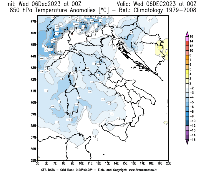 Mappa di analisi GFS - Anomalia Temperatura a 850 hPa in Italia
							del 6 dicembre 2023 z00