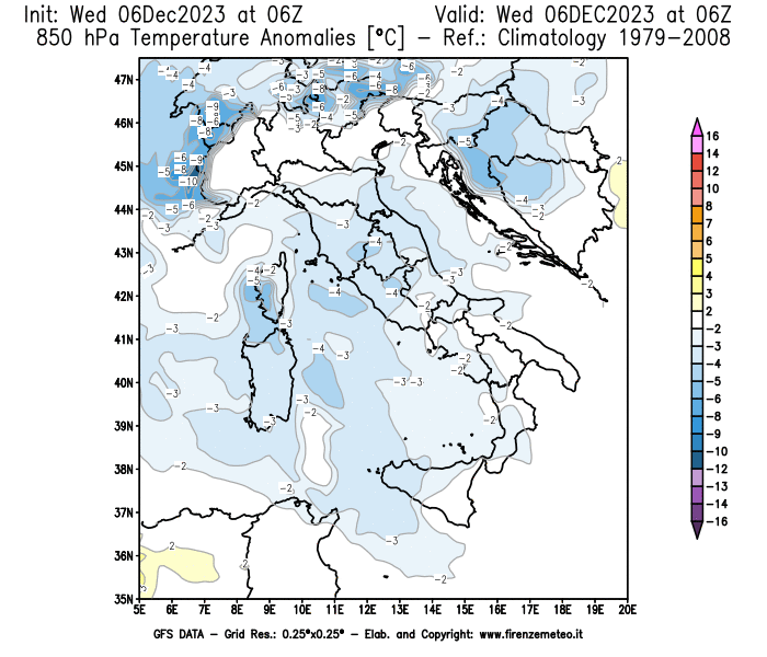 Mappa di analisi GFS - Anomalia Temperatura a 850 hPa in Italia
							del 6 dicembre 2023 z06