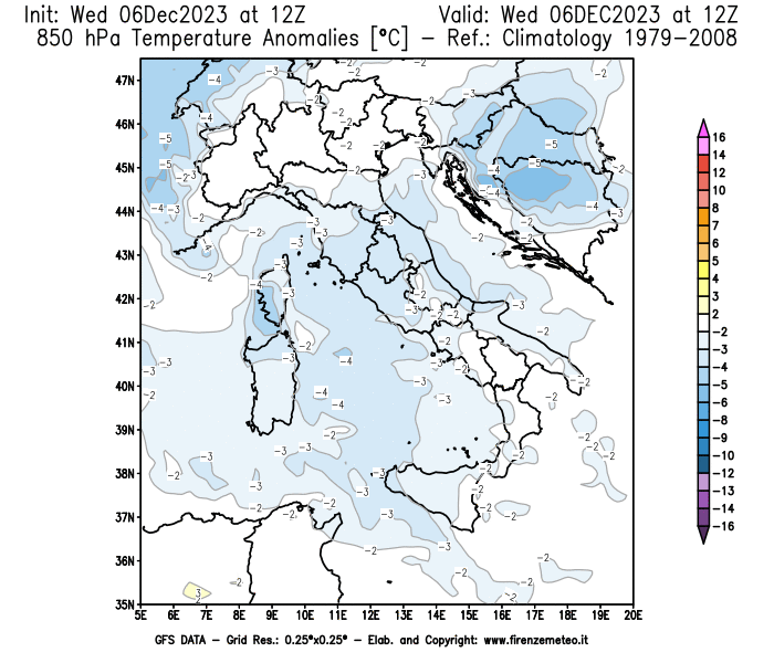 Mappa di analisi GFS - Anomalia Temperatura a 850 hPa in Italia
							del 6 dicembre 2023 z12