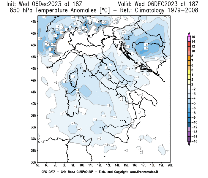 Mappa di analisi GFS - Anomalia Temperatura a 850 hPa in Italia
							del 6 dicembre 2023 z18