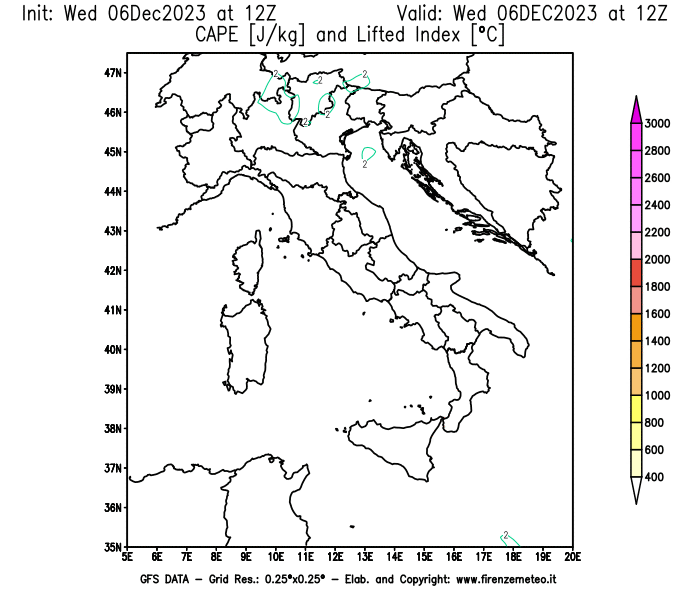 Mappa di analisi GFS - CAPE e Lifted Index in Italia
							del 6 dicembre 2023 z12