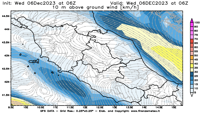 Mappa di analisi GFS - Velocità del vento a 10 metri dal suolo in Centro-Italia
							del 6 dicembre 2023 z06