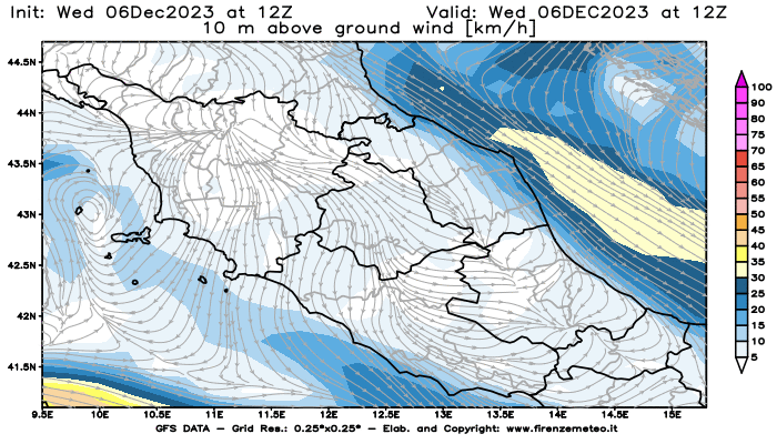Mappa di analisi GFS - Velocità del vento a 10 metri dal suolo in Centro-Italia
							del 6 dicembre 2023 z12