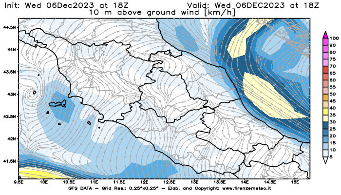 Mappa di analisi GFS - Velocità del vento a 10 metri dal suolo in Centro-Italia
							del 6 dicembre 2023 z18