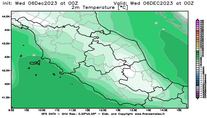 GFS analysi map - Temperature at 2 m above ground in Central Italy
									on December 6, 2023 H00