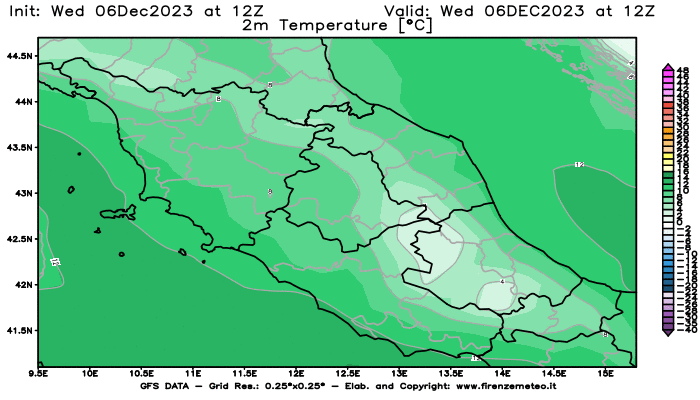 Mappa di analisi GFS - Temperatura a 2 metri dal suolo in Centro-Italia
							del 6 dicembre 2023 z12
