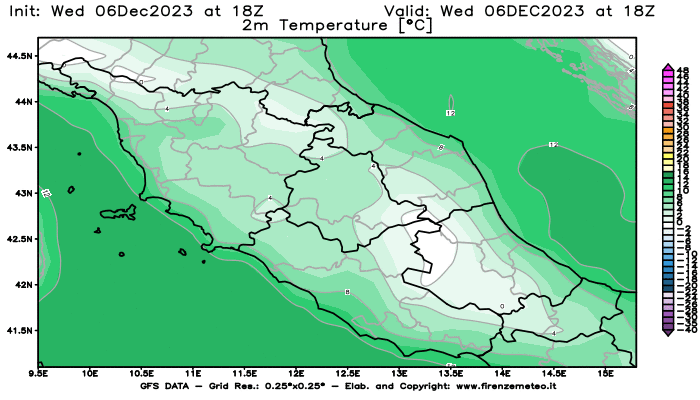Mappa di analisi GFS - Temperatura a 2 metri dal suolo in Centro-Italia
							del 6 dicembre 2023 z18
