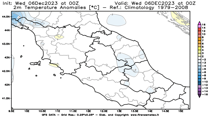 Mappa di analisi GFS - Anomalia Temperatura a 2 m in Centro-Italia
							del 6 dicembre 2023 z00