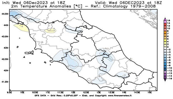 Mappa di analisi GFS - Anomalia Temperatura a 2 m in Centro-Italia
							del 6 dicembre 2023 z18