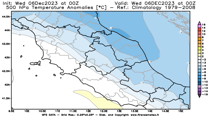 GFS analysi map - Temperature Anomalies at 500 hPa in Central Italy
									on December 6, 2023 H00