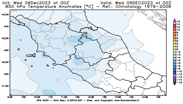 Mappa di analisi GFS - Anomalia Temperatura a 850 hPa in Centro-Italia
							del 6 dicembre 2023 z00