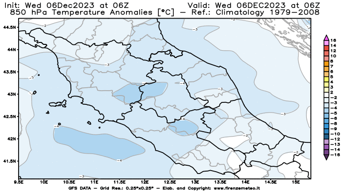 Mappa di analisi GFS - Anomalia Temperatura a 850 hPa in Centro-Italia
							del 6 dicembre 2023 z06