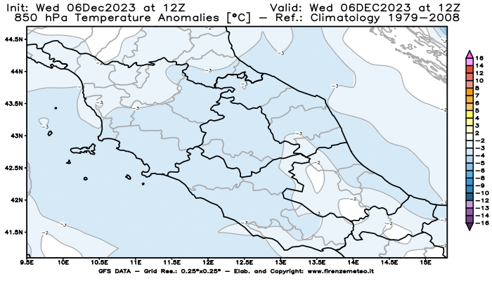GFS analysi map - Temperature Anomalies at 850 hPa in Central Italy
									on December 6, 2023 H12