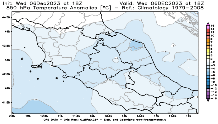 Mappa di analisi GFS - Anomalia Temperatura a 850 hPa in Centro-Italia
							del 6 dicembre 2023 z18