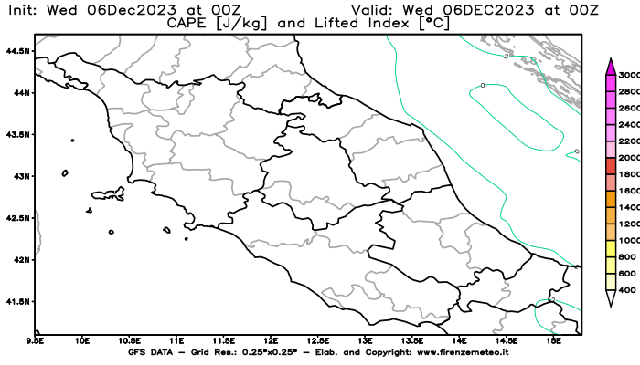 GFS analysi map - CAPE and Lifted Index in Central Italy
									on December 6, 2023 H00