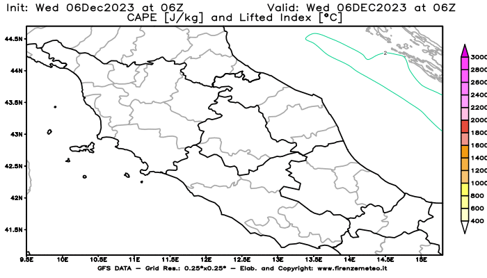 GFS analysi map - CAPE and Lifted Index in Central Italy
									on December 6, 2023 H06