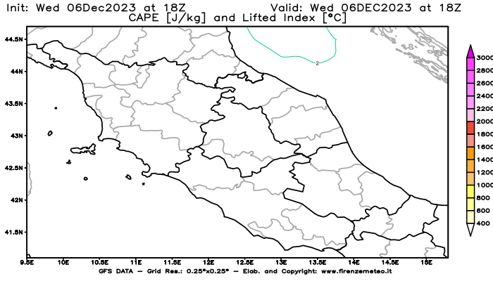 GFS analysi map - CAPE and Lifted Index in Central Italy
									on December 6, 2023 H18