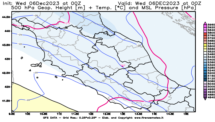 GFS analysi map - Geopotential + Temp. at 500 hPa + Sea Level Pressure in Central Italy
									on December 6, 2023 H00