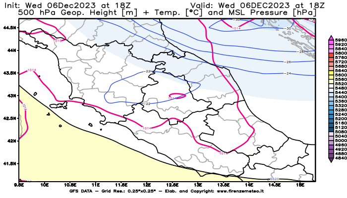 GFS analysi map - Geopotential + Temp. at 500 hPa + Sea Level Pressure in Central Italy
									on December 6, 2023 H18