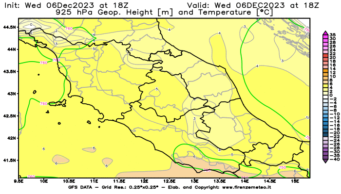 GFS analysi map - Geopotential and Temperature at 925 hPa in Central Italy
									on December 6, 2023 H18
