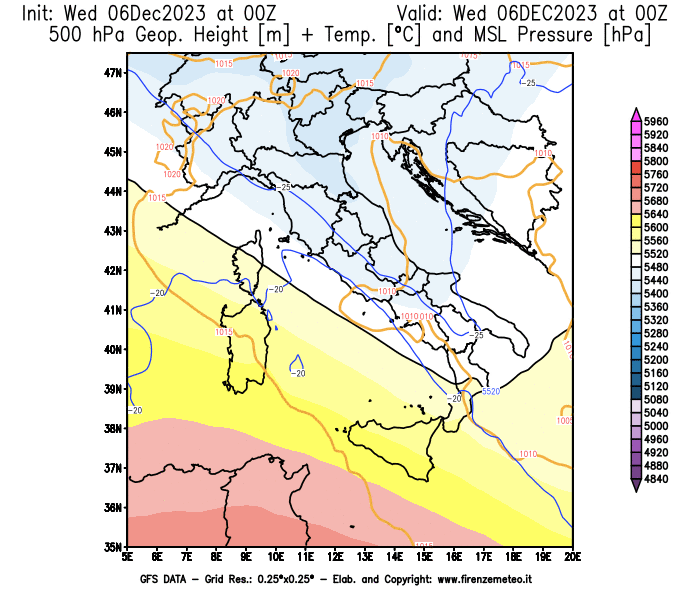 GFS analysi map - Geopotential + Temp. at 500 hPa + Sea Level Pressure in Italy
									on December 6, 2023 H00