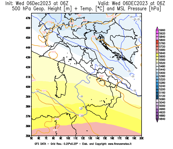 GFS analysi map - Geopotential + Temp. at 500 hPa + Sea Level Pressure in Italy
									on December 6, 2023 H06