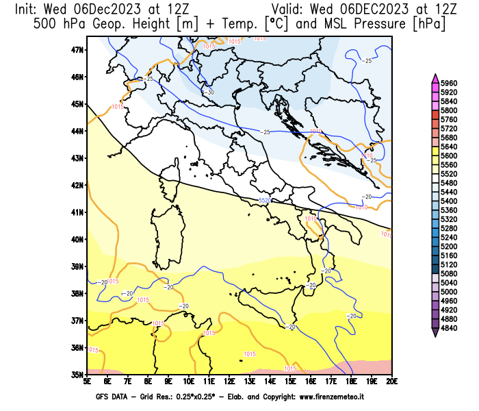 GFS analysi map - Geopotential + Temp. at 500 hPa + Sea Level Pressure in Italy
									on December 6, 2023 H12